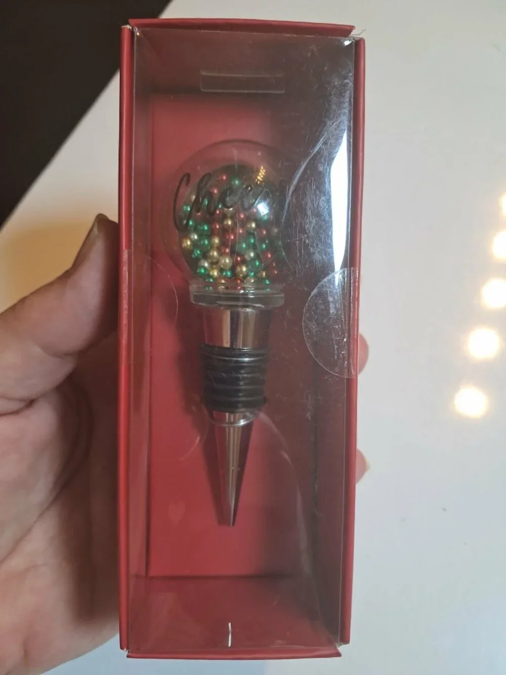 Holiday Cheers Bottle Stopper Red Green Gold Beaded Glass